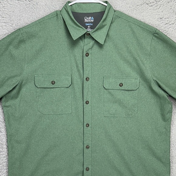 Croft Barrow Quick Dry Men Button Up Shirt XL Tall Green Hiking Outdoor Vented